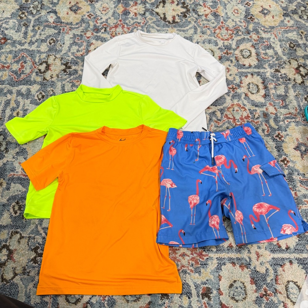 Swim Rash Guard Play Bundle Boys S 6/7 Flamingo Bright Tropical Beach *Flawed